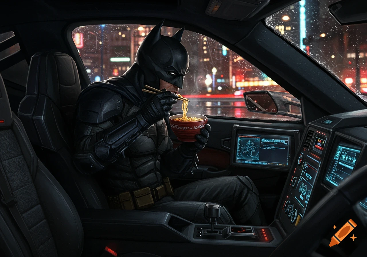 Batman eats ramen in his hyper-realistic Batmobile, illuminated by city lights.