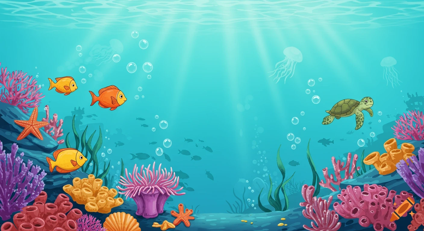 A vibrant cartoon underwater scene with colorful coral reefs, swimming fish, a starfish, and a sea turtle.