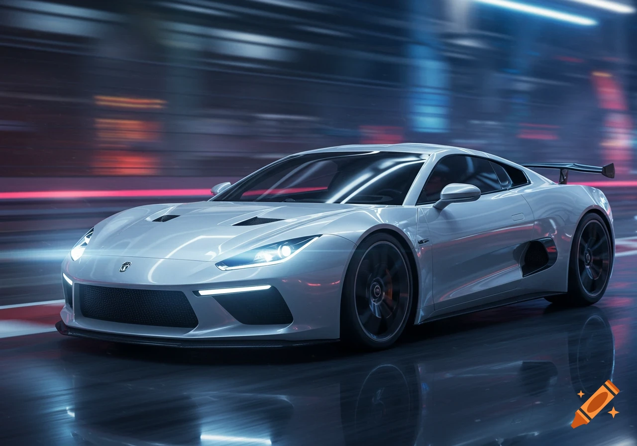 Photorealistic image of a sleek silver sports car with headlights on, speeding on a wet road in a motion-blurred tunnel.