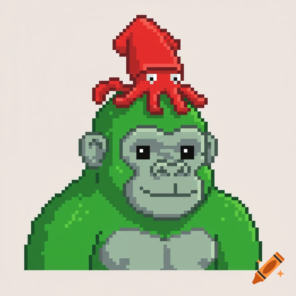 A pixel art illustration of a green gorilla wearing a red squid as a hat.