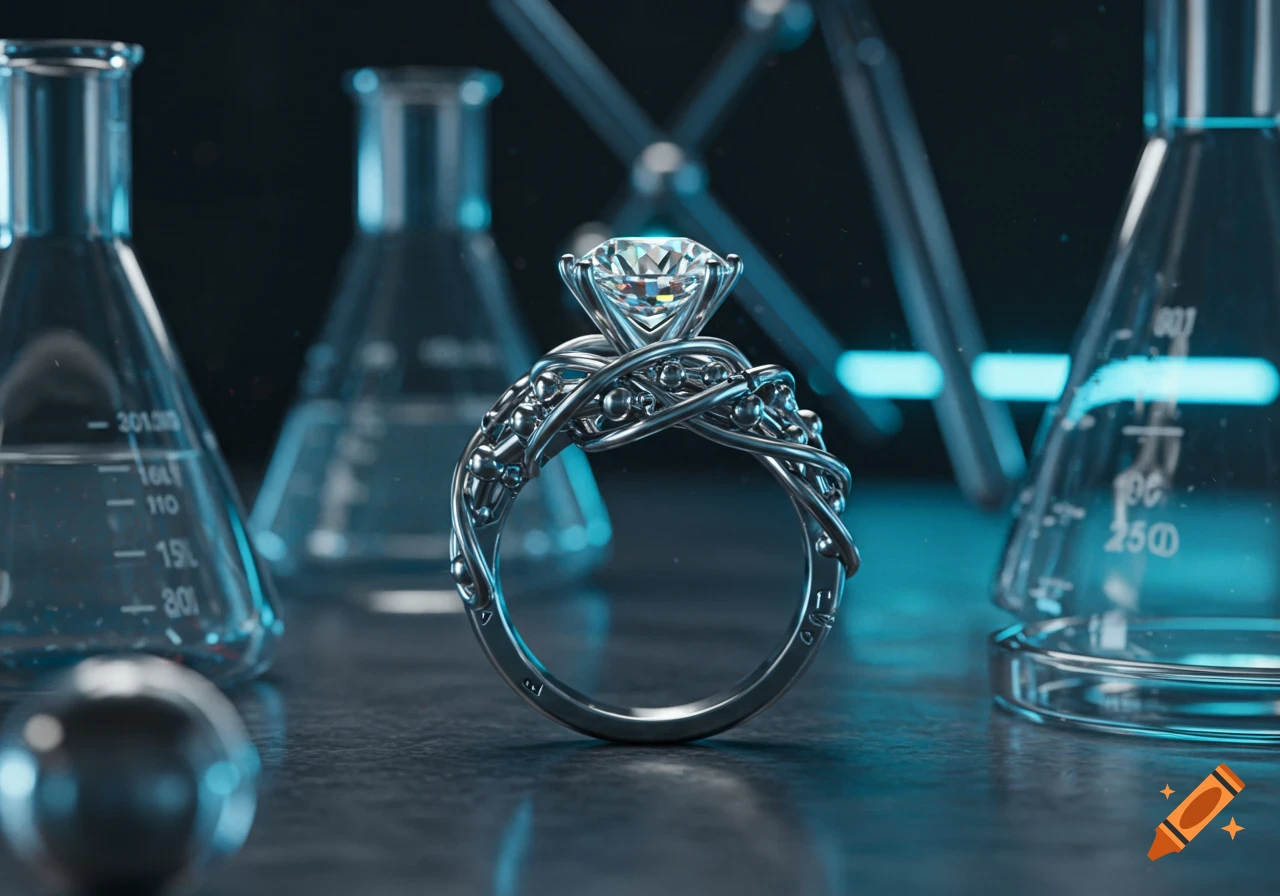A detailed diamond engagement ring with an intricate silver band, placed on a dark surface amidst blurred laboratory beakers with blue liquid.