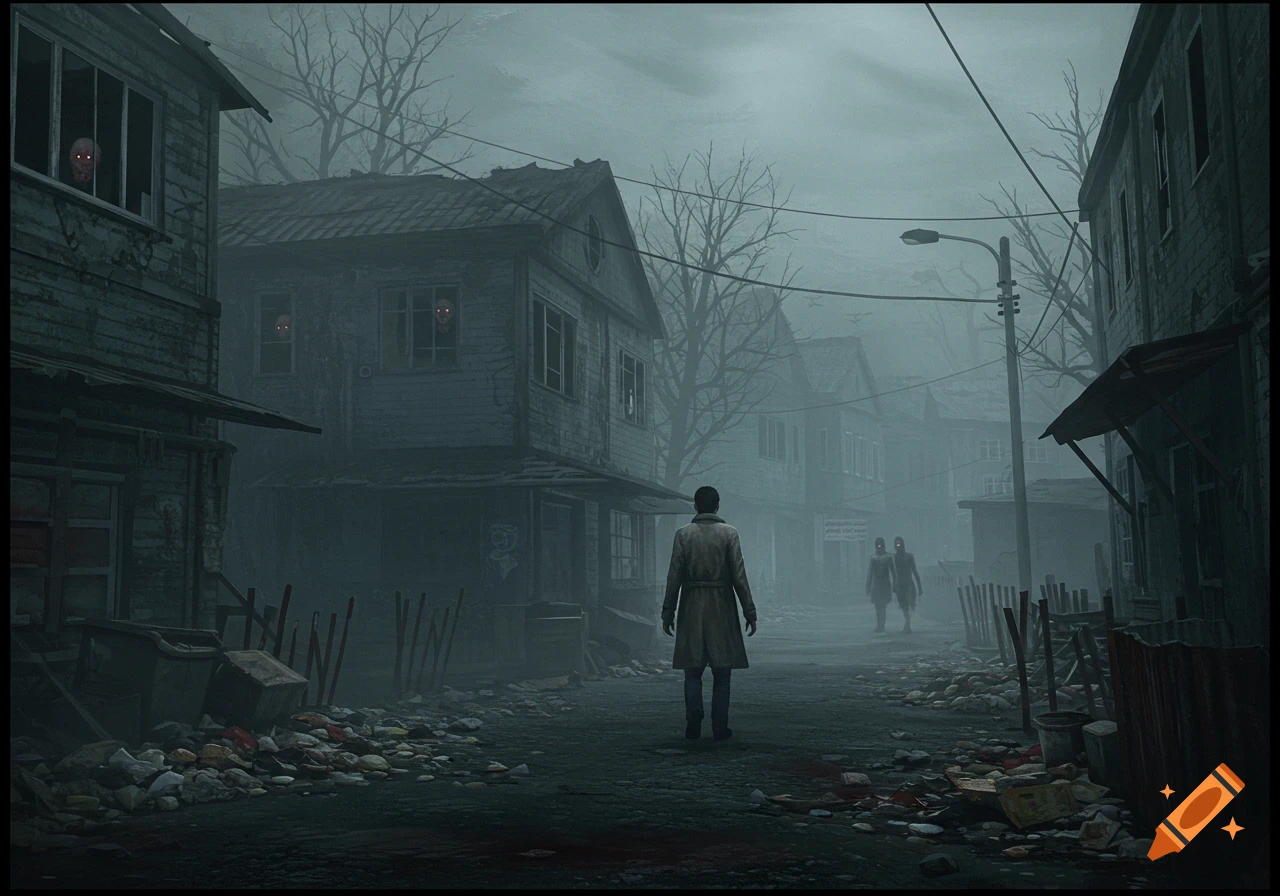 A man in a trench coat walks through a misty, ruined town with glowing-eyed figures in windows and on the street, evoking a horror game.
