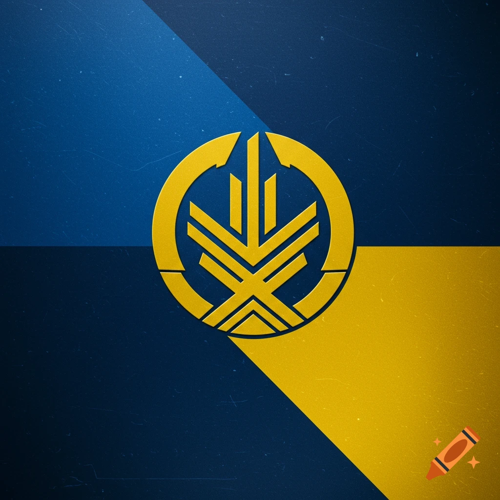 A flag design with a diagonal split of blue and yellow, featuring a gold stylized symbol in the center.
