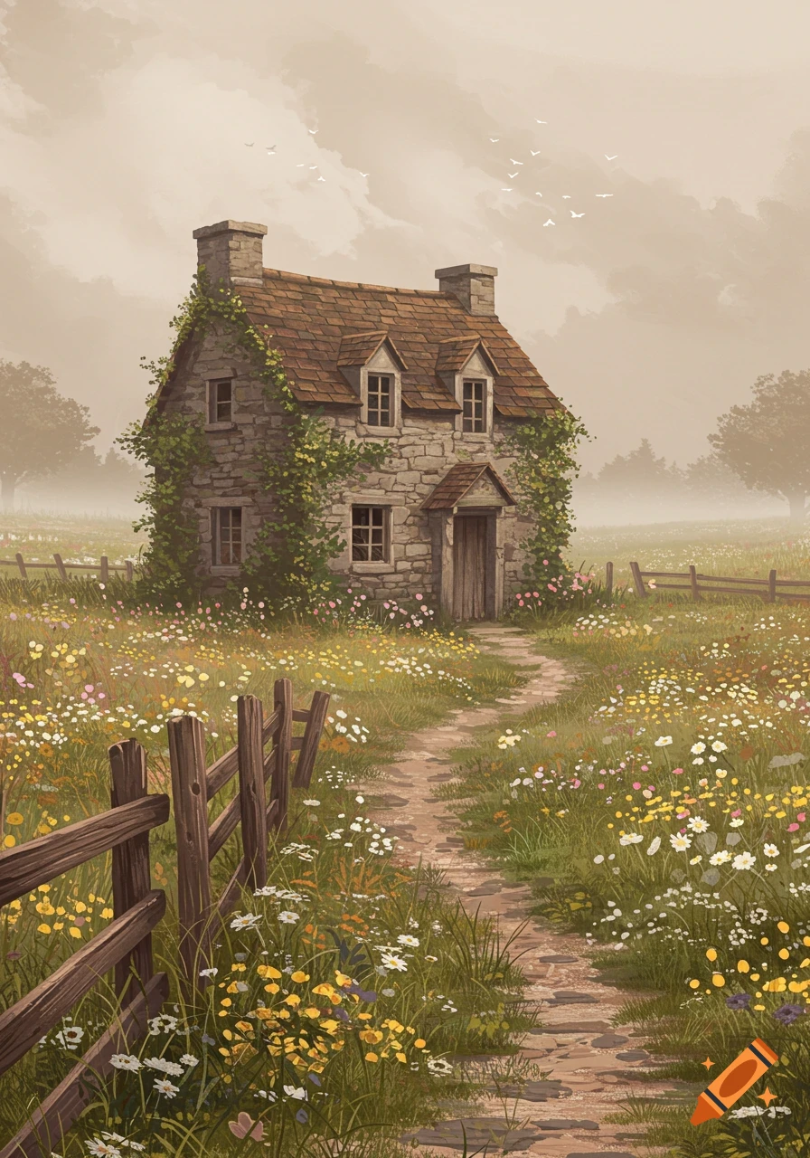 A stone cottage with ivy sits in a vibrant wildflower meadow with a winding path and wooden fence under an overcast sky.