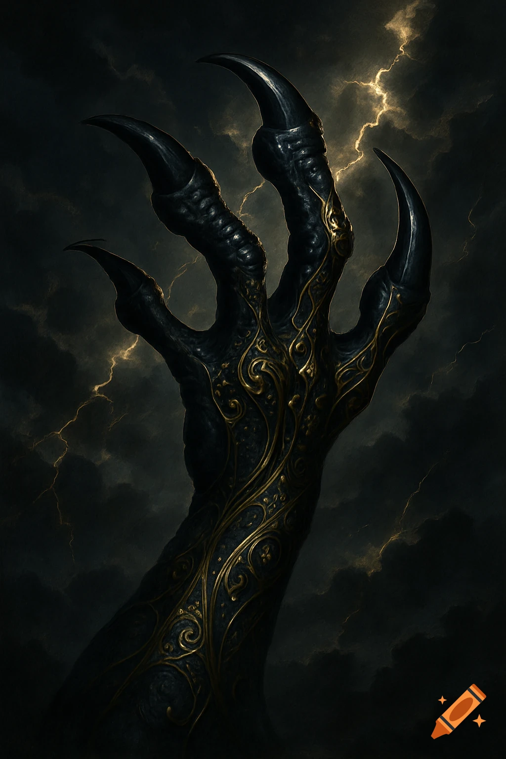 A dark, armored claw with golden patterns reaches from stormy, lightning-filled skies.