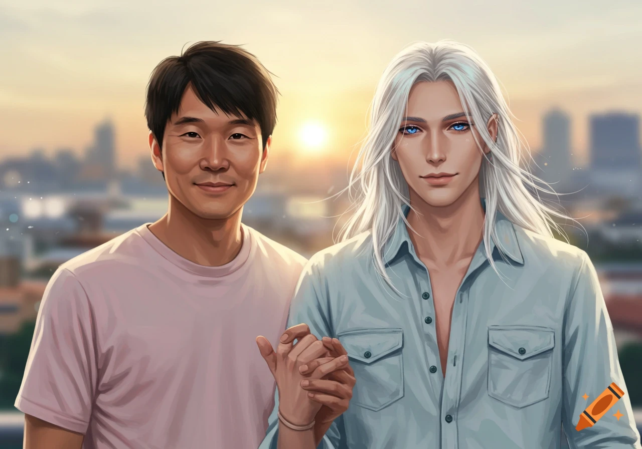 An Asian man and a man with long silver hair and blue eyes hold hands and smile at sunset with a city backdrop.