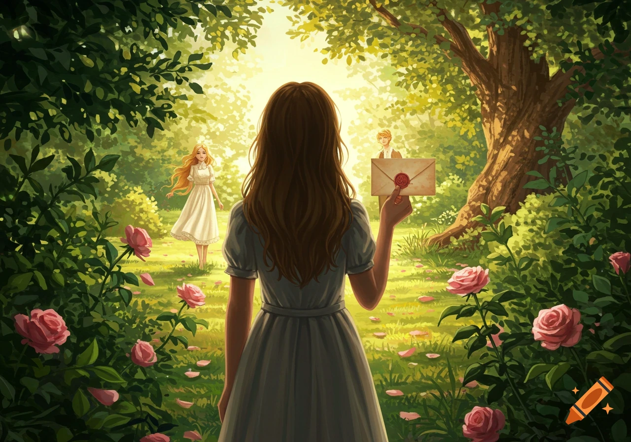 A girl seen from behind holds a letter, looking into a sunny, vibrant green forest where another girl and a boy stand among pink roses.