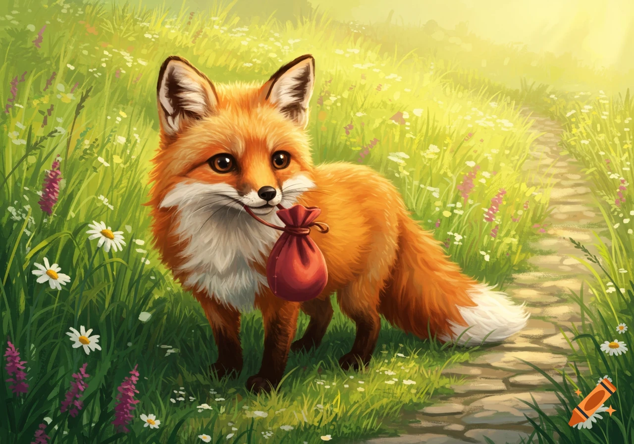 A cute orange fox with white markings stands in a sunny, green meadow, holding a small red pouch in its mouth.