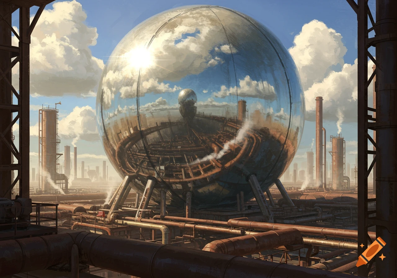 A vast industrial landscape featuring a large, gleaming spherical structure surrounded by pipes and factory buildings under a cloudy sky.
