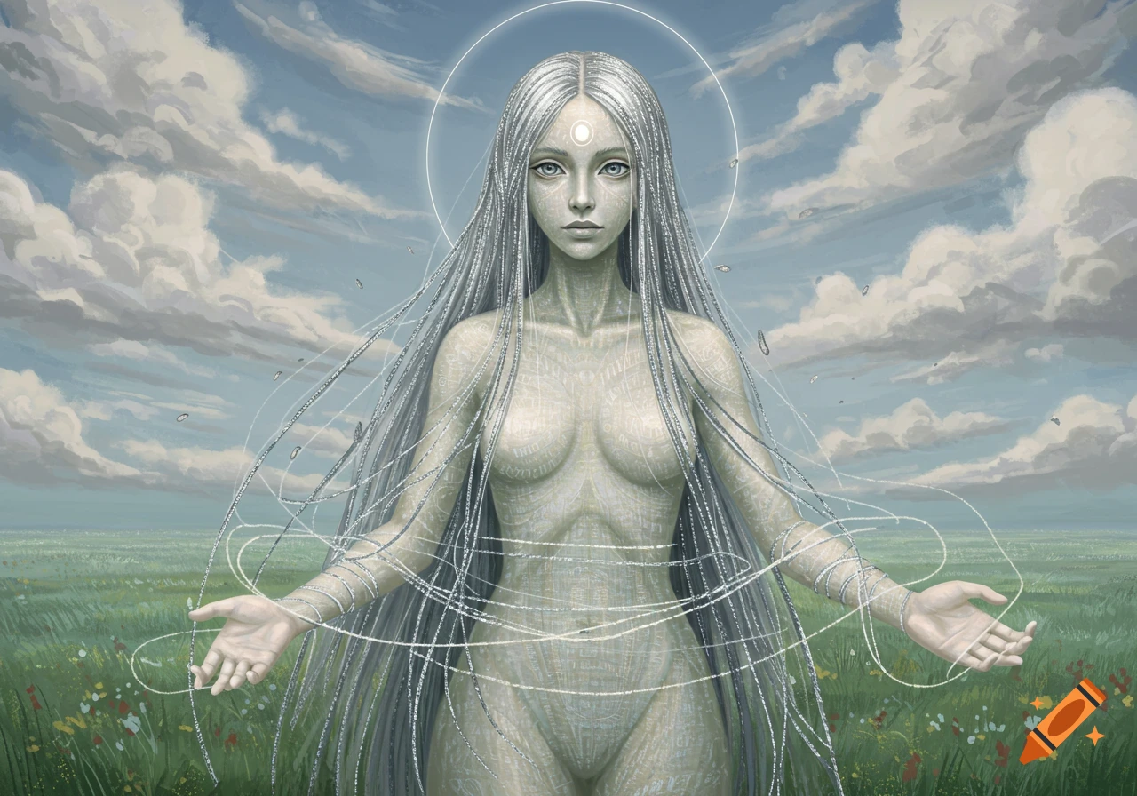 A serene, ethereal female figure with long white hair and intricate patterns resembling circuitry on her skin, stands in a field under a cloudy sky with threads of light around her.