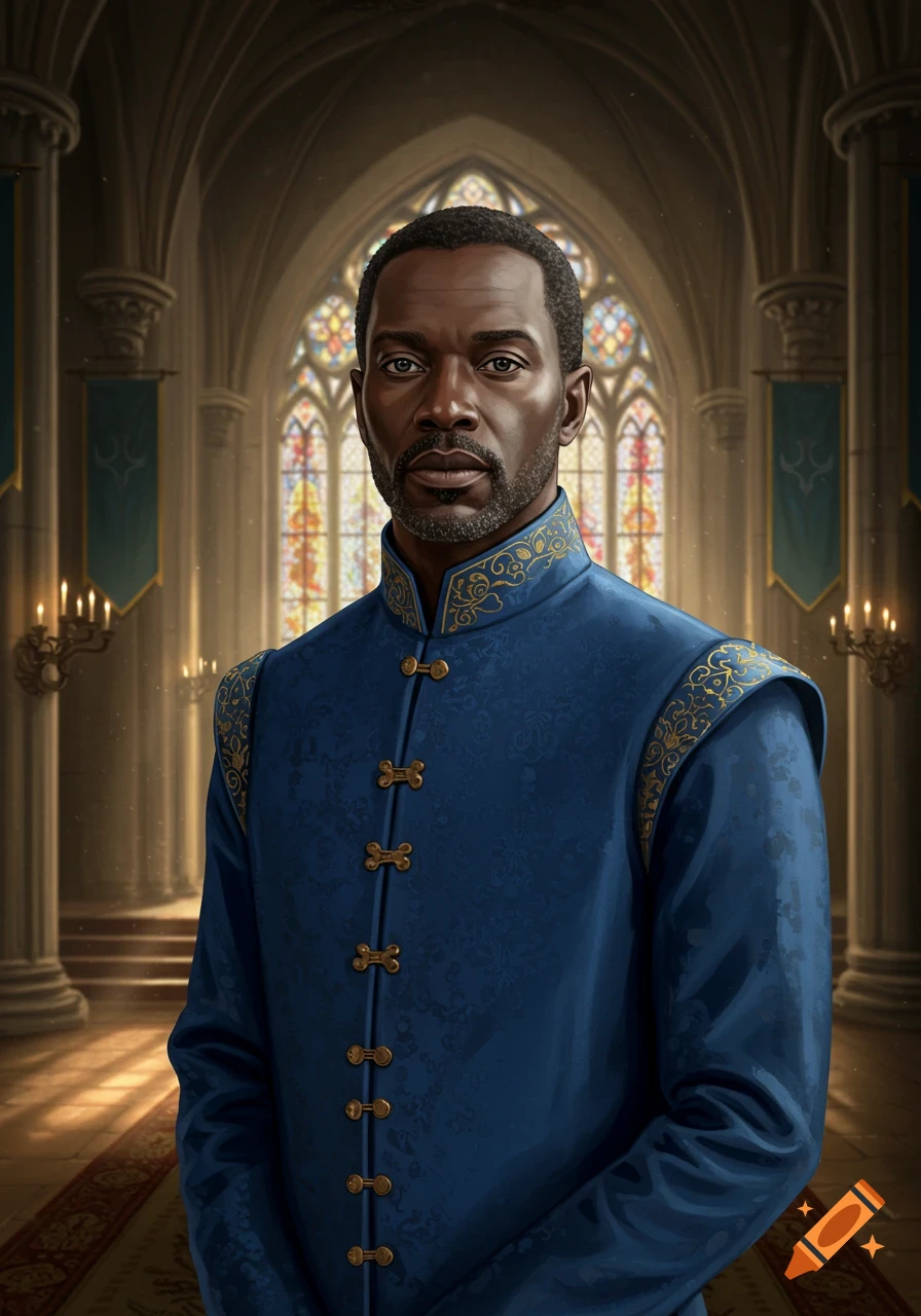 A distinguished Black man in a blue medieval tunic with gold trim stands in a grand hall with stained-glass windows.