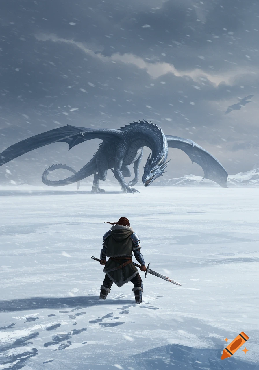A ranger with a broken sword faces a large dragon on a snowy tundra, under a cloudy sky.