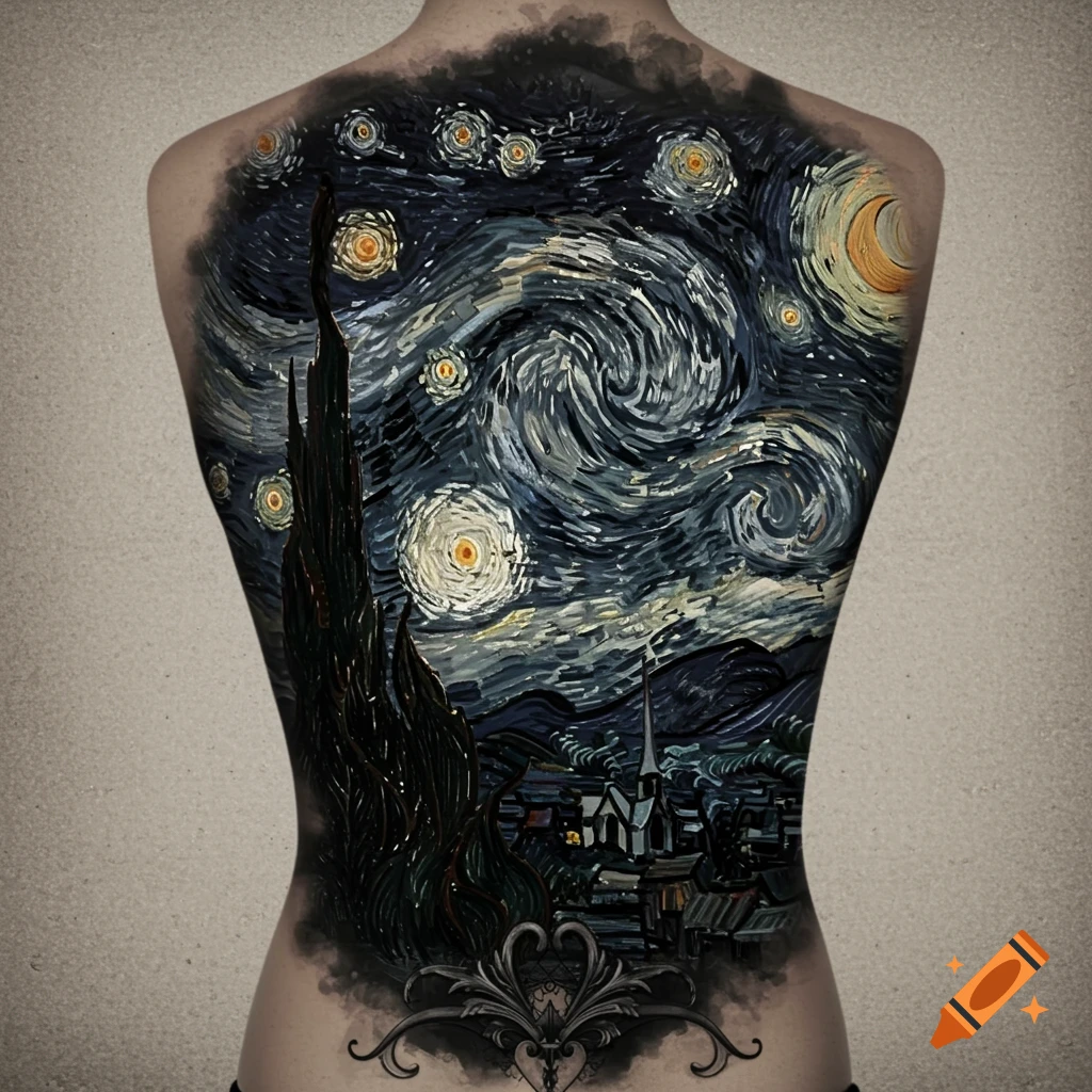 A large tattoo of Van Gogh's Starry Night on a person's back, featuring the distinctive swirling sky and cypress tree, with gothic elements at the base.