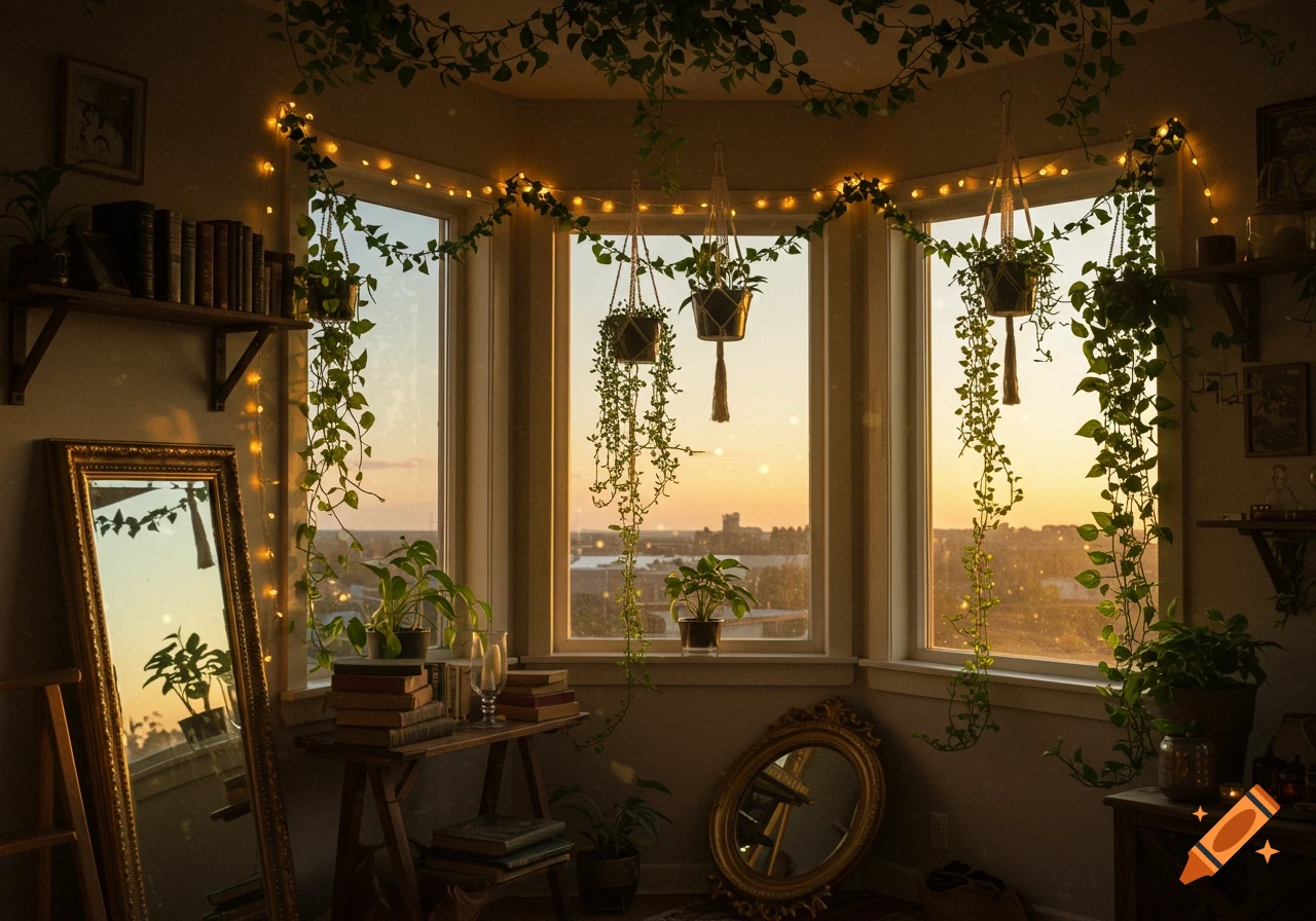 Cozy fairycore room with string lights, hanging plants, books, and mirrors by bay windows at golden hour.