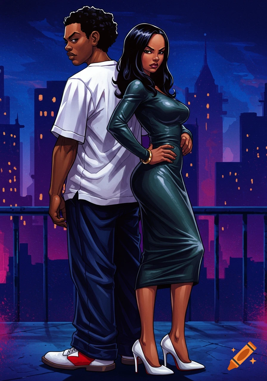 A stylized cartoon image of a man and woman standing back-to-back on a city rooftop at night.