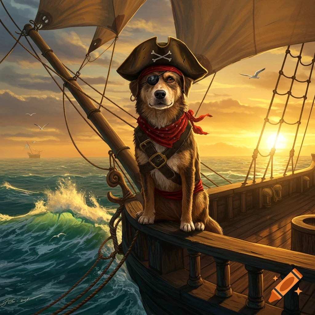 A brown and white dog dressed as a pirate with an eyepatch and red bandana stands on a ship deck at sunset.