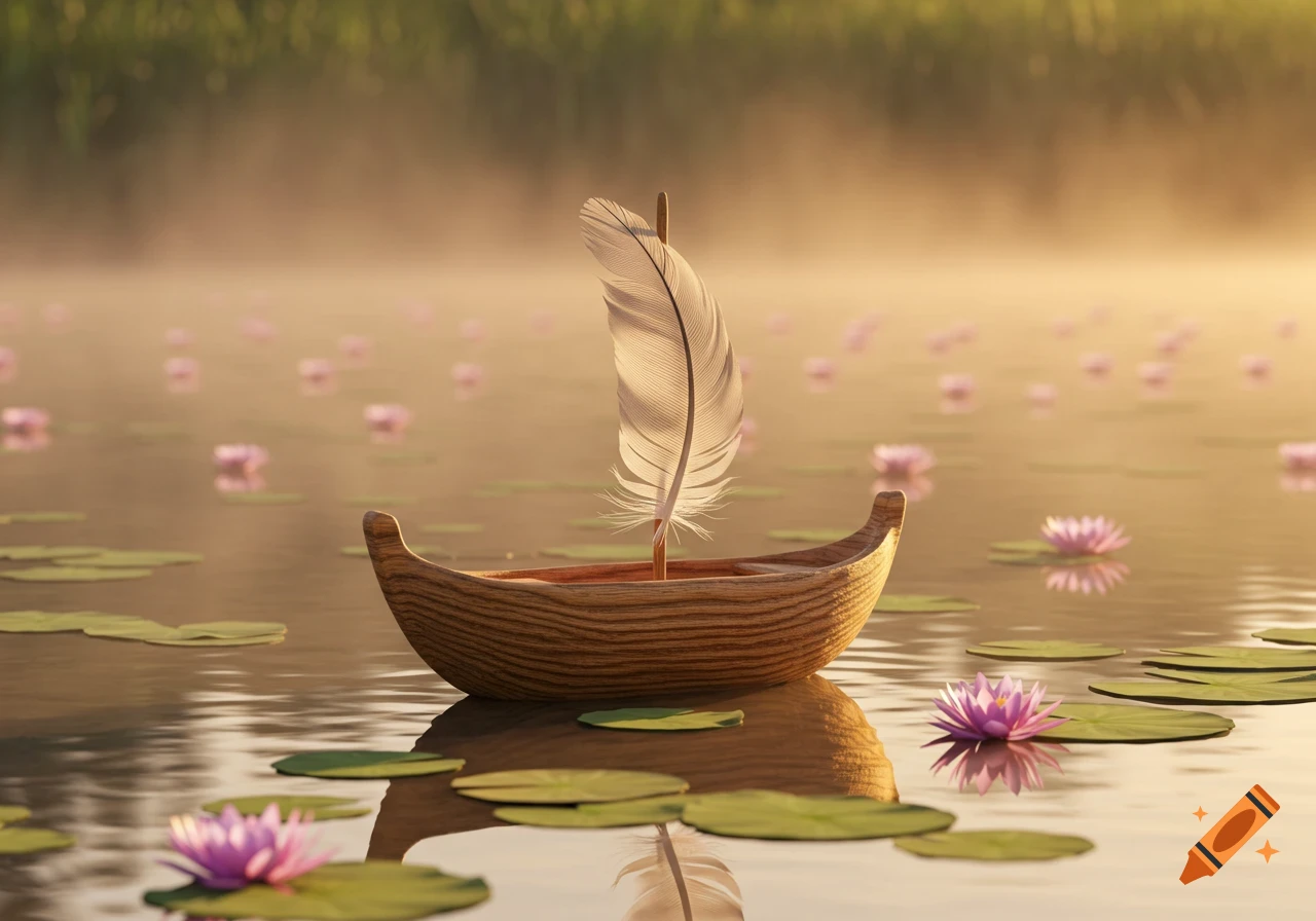 A serene photorealistic image of a small wooden boat with a feather sail on a misty pond with pink water lilies at sunrise.