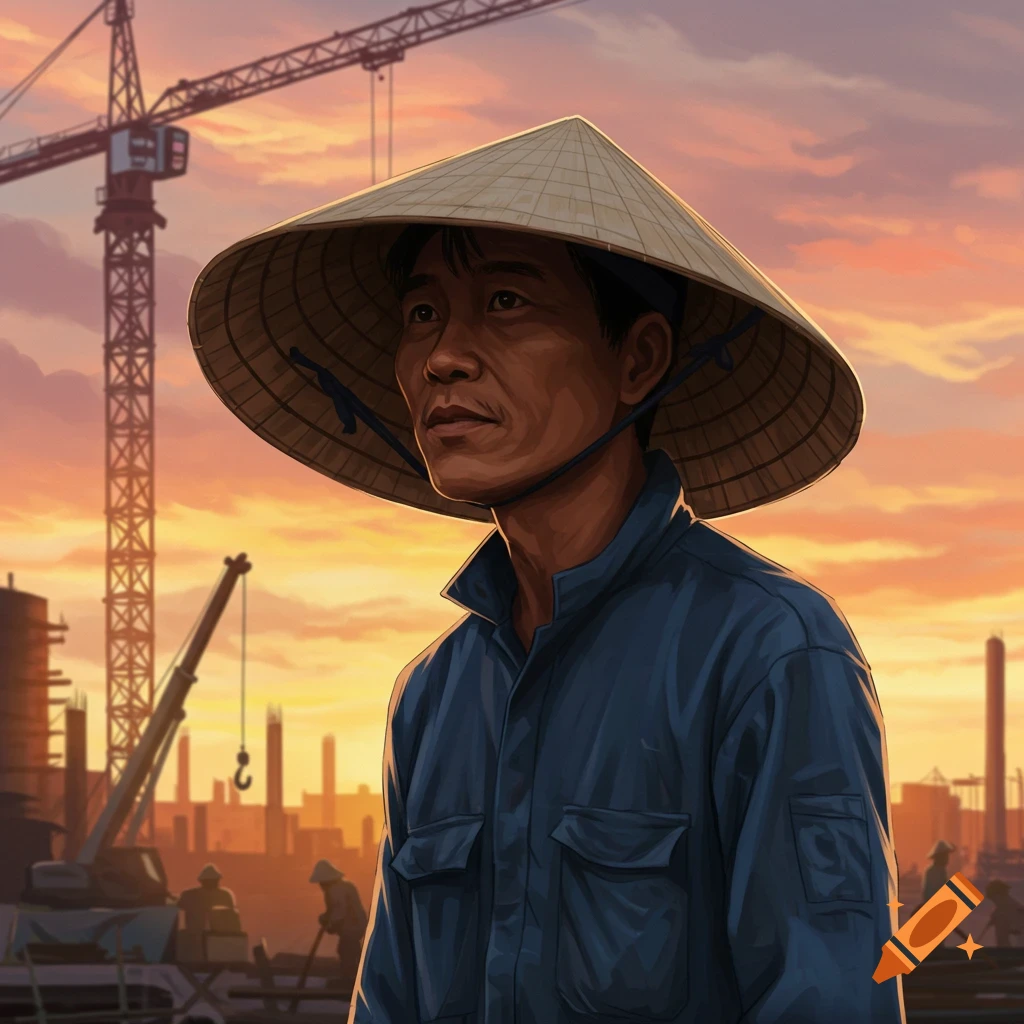 A man wearing a Vietnamese conical hat stands at a construction site during sunset.