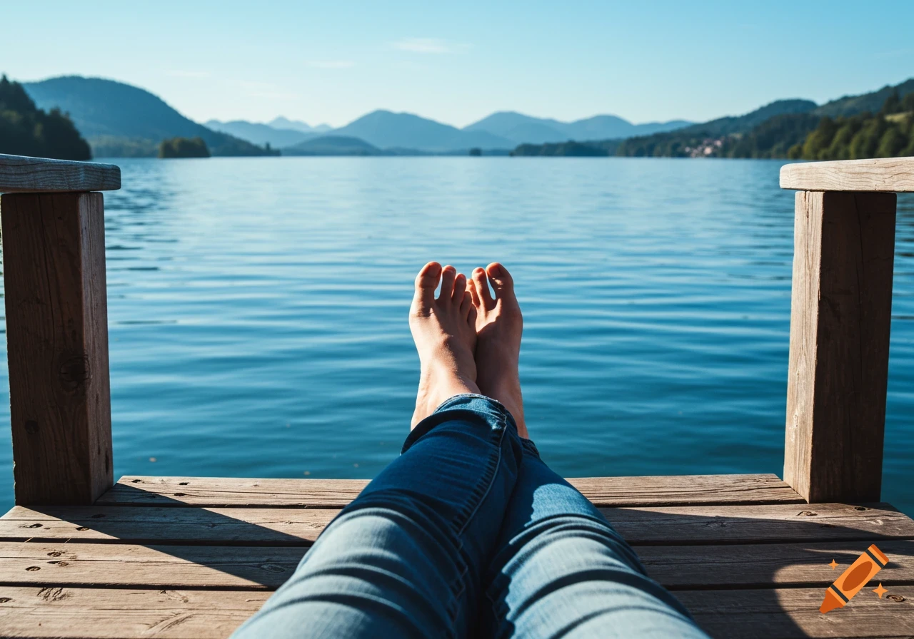 A first-person view of legs and bare feet resting on a wooden dock, overlooking a calm blue lake with mountains in the distance on a sunny day.