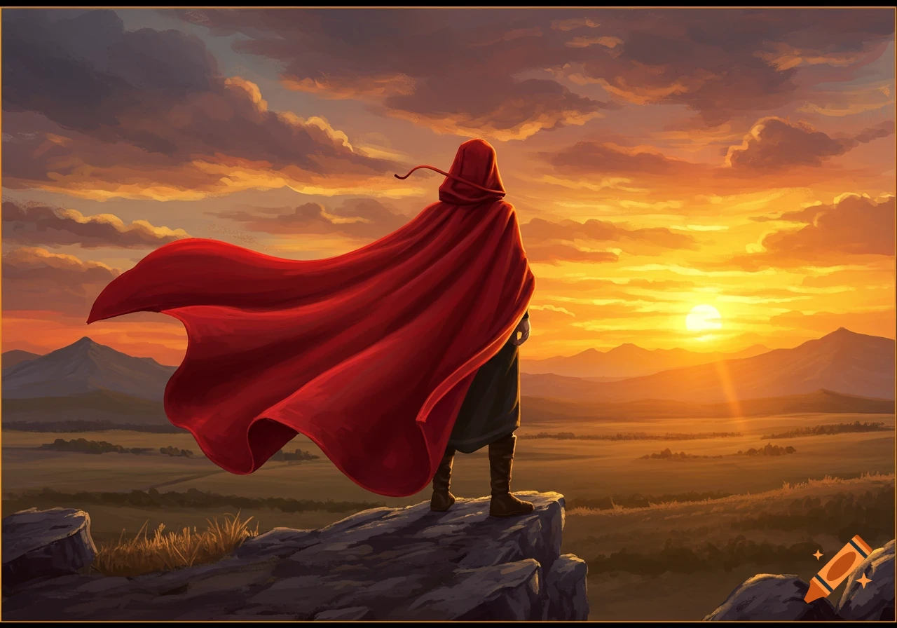 A person in a flowing red cloak stands on a rocky outcrop, overlooking a vast landscape under a dramatic orange and yellow sunset.