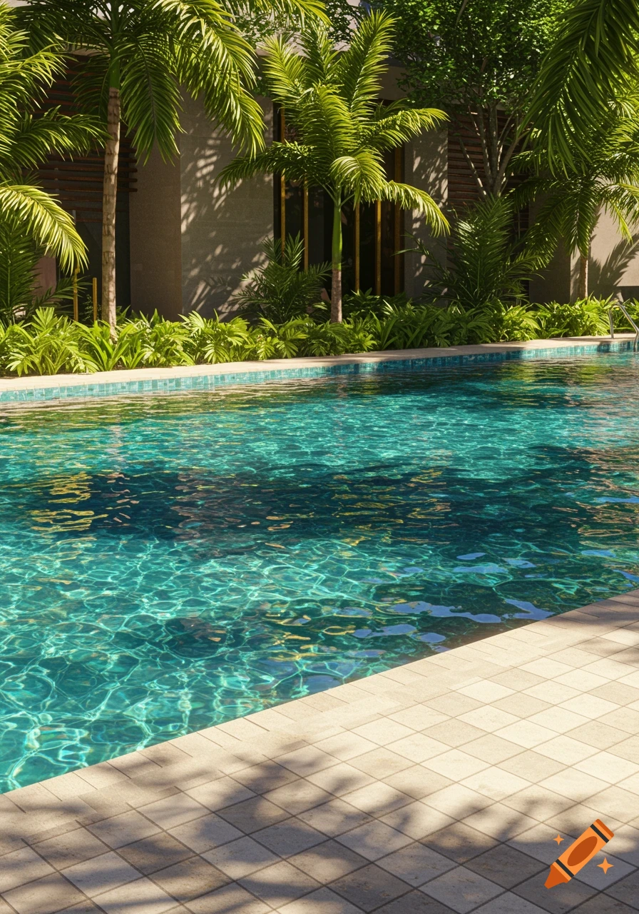 A clear blue swimming pool with green mosaic tiles, surrounded by lush palm trees and a modern building, under natural light.