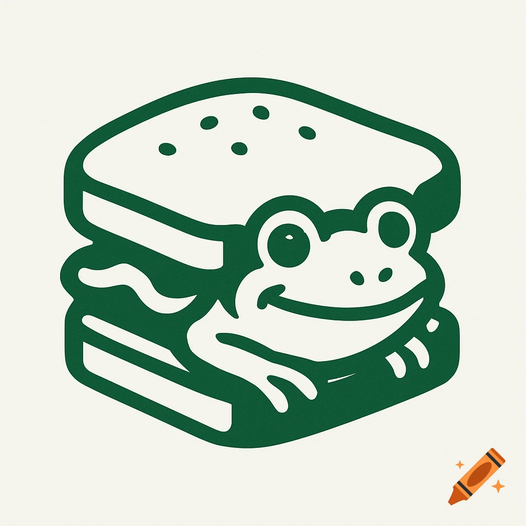 Simple green and white icon logo of a happy frog character nestled within a sandwich, with the top bread bun having three circular dots.
