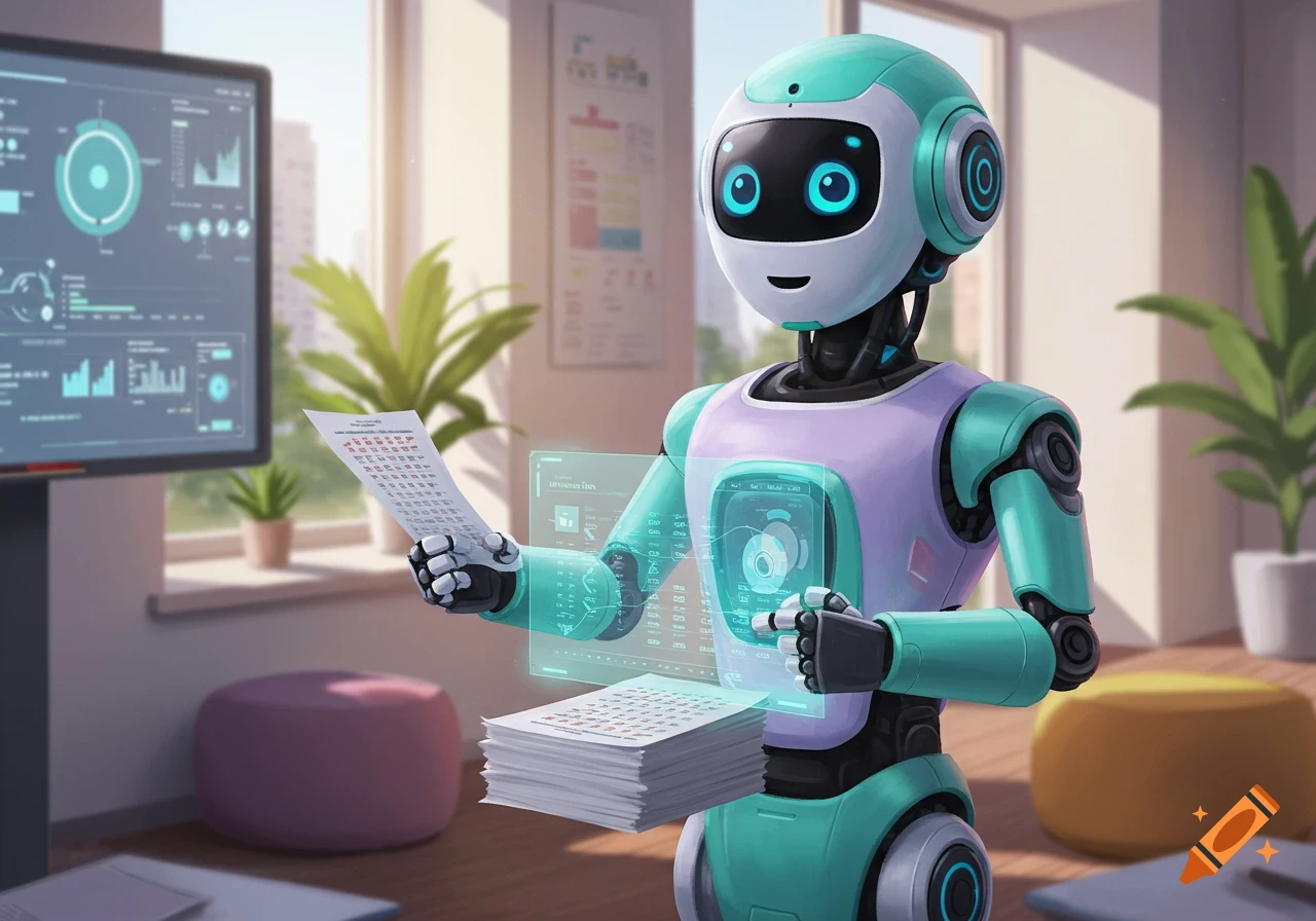 A friendly, teal and white robot in an office holds papers, interacting with a holographic display and a computer monitor.
