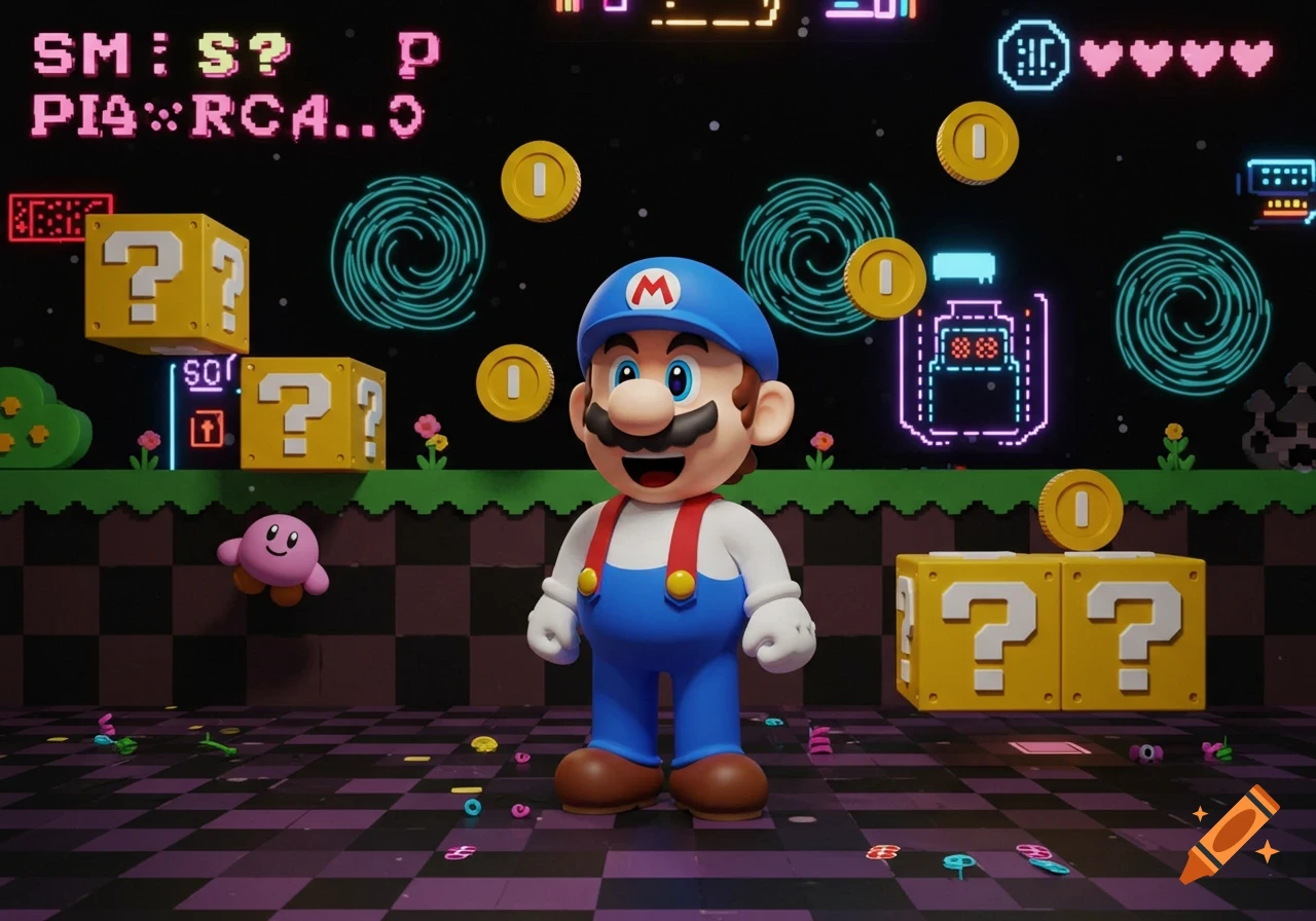 A cartoon character resembling Mario with a blue hat and overalls stands in a pixel art video game level with question blocks and coins.
