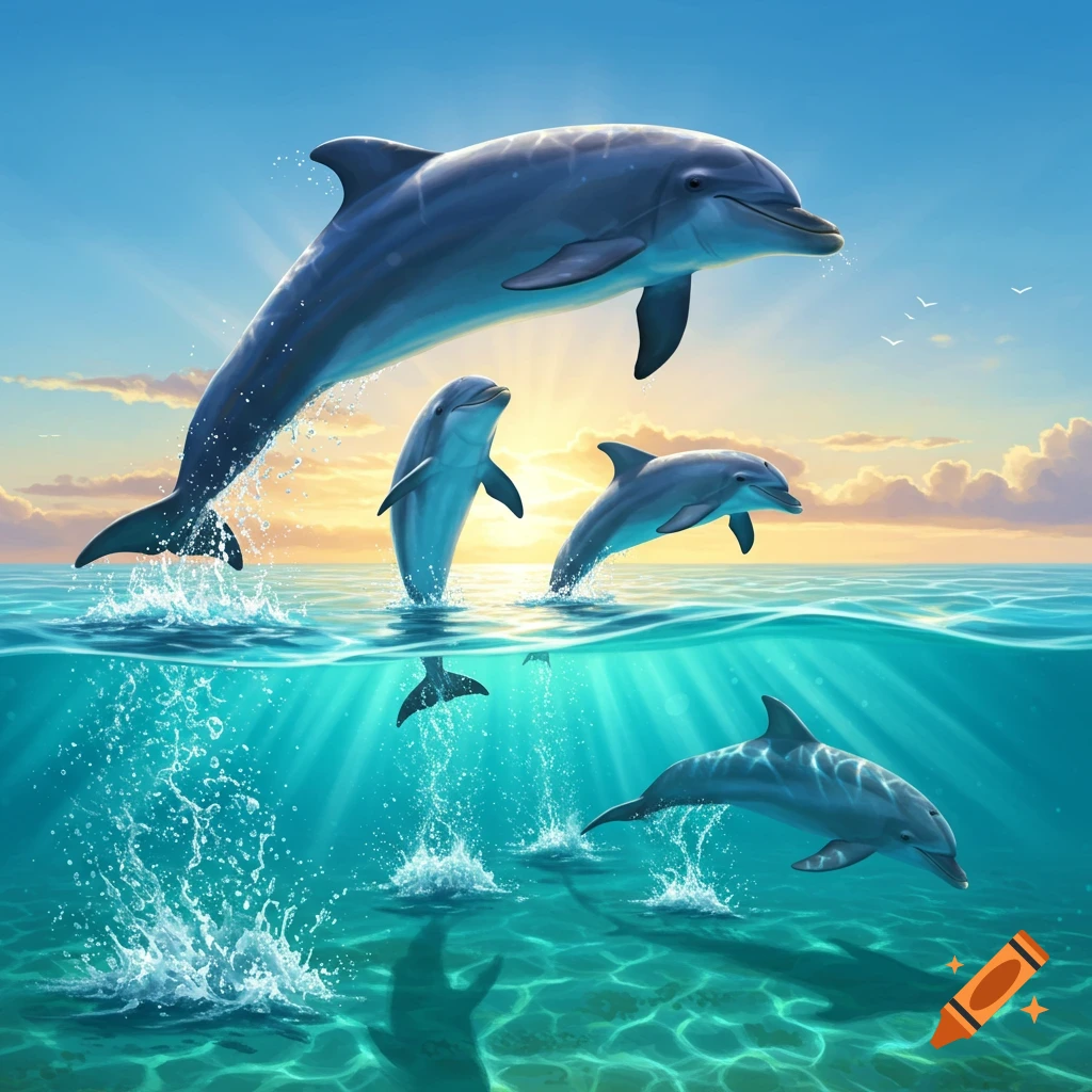Four dolphins leap and swim in clear blue ocean water with sun rays, showing an underwater view at sunrise.