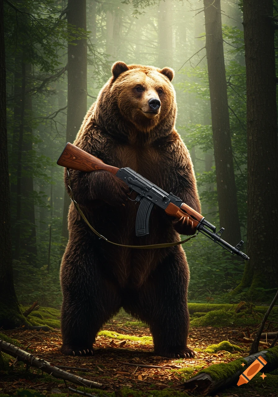 A large brown bear stands in a misty forest, holding an AK-47 rifle.