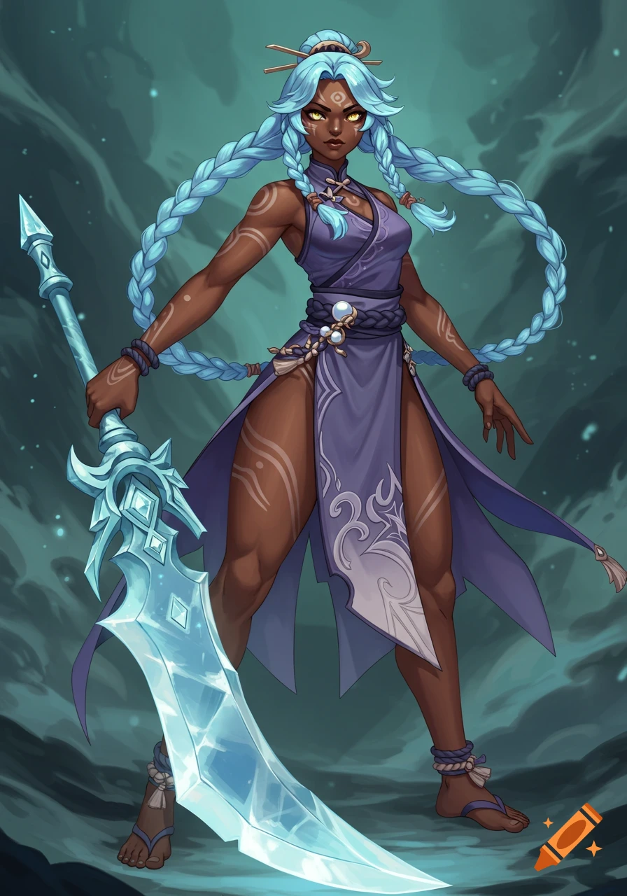 A dark-skinned female warrior in Genshin Impact style, with light blue braids, tribal marks, and a purple dress, holding a glowing ice greatsword.