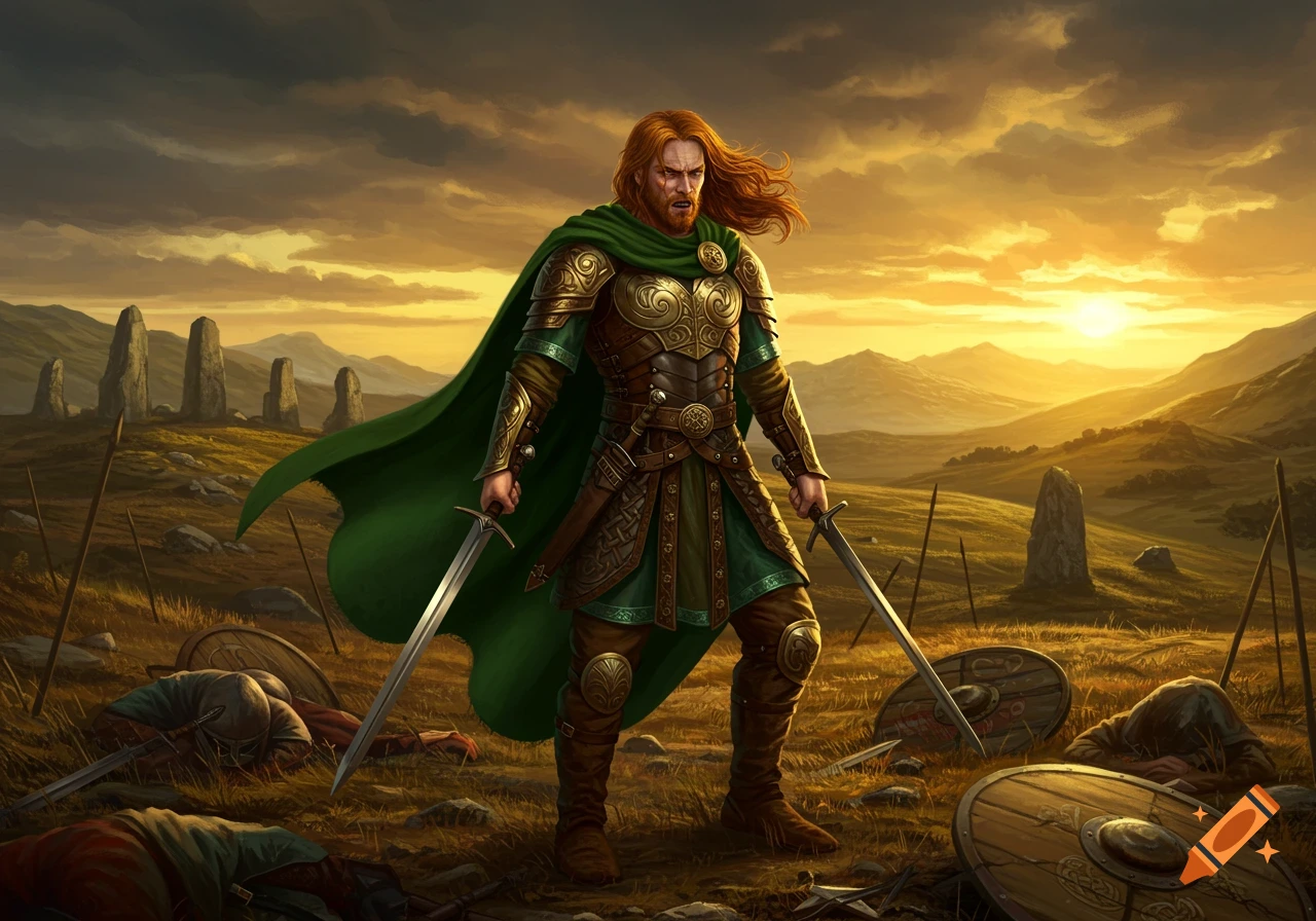 A defiant Celtic warrior with red hair and green cape stands with two swords on a sunset battlefield.