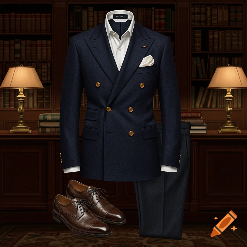 A dark blue double-breasted suit, white shirt, brown dress shoes, and pocket square on a desk in a library.
