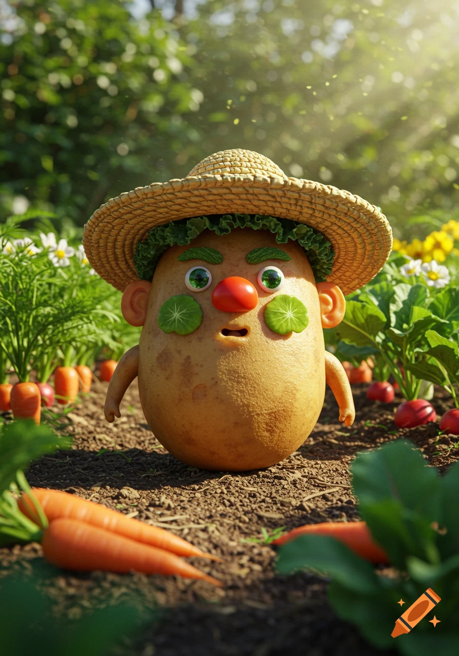 A potato character wearing a straw hat and lettuce around its face, standing in a garden among carrots and other vegetables under sunlight.