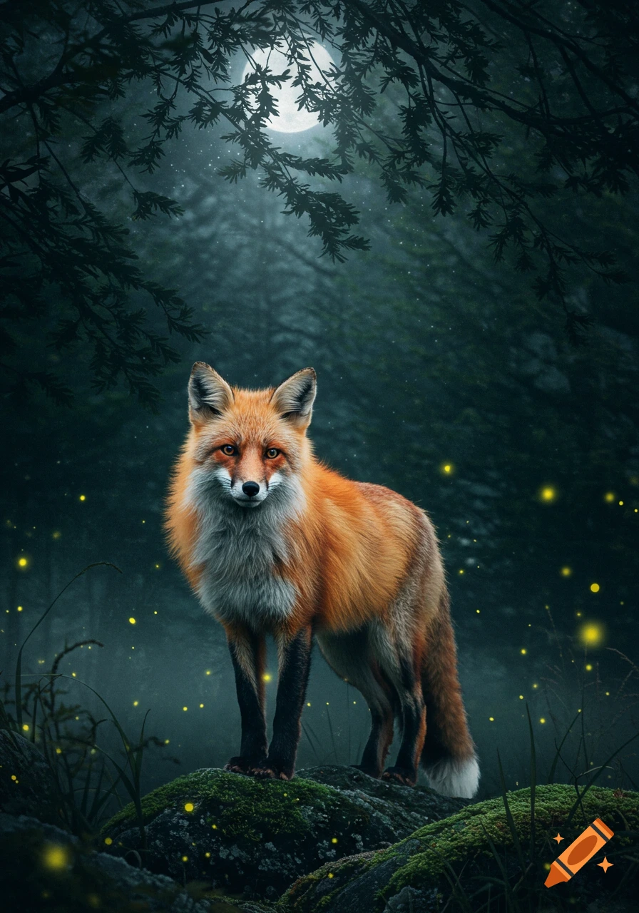 A fox stands on a mossy rock in a dark, moonlit forest, with fireflies glowing around it.