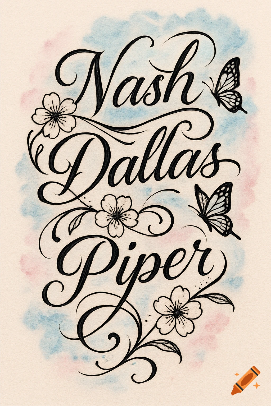 Calligraphic names Nash, Dallas, and Piper with flowers and butterflies on a watercolor background.
