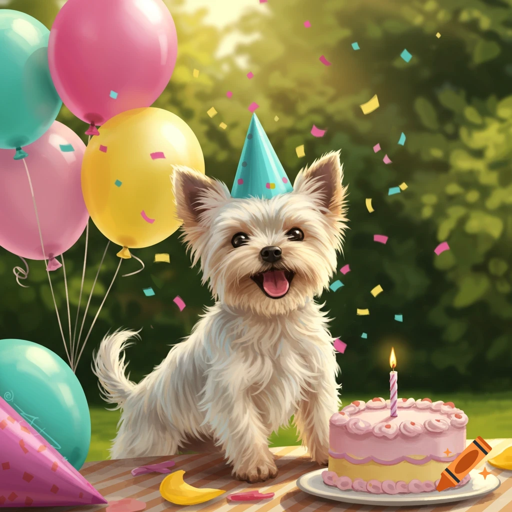 A happy white fluffy dog wearing a blue party hat sits behind a pink birthday cake, surrounded by colorful balloons and confetti outdoors.