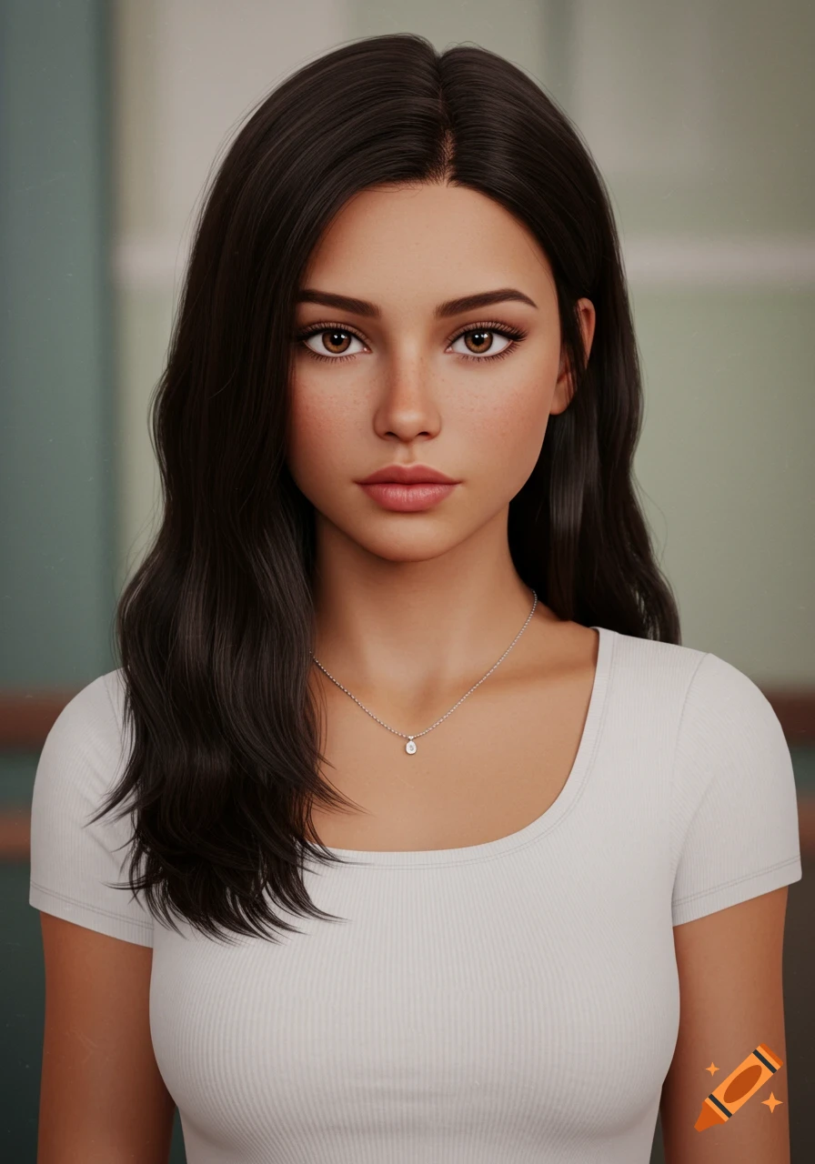 A headshot of a young woman with long dark hair, brown eyes, freckles, wearing a white t-shirt and a silver necklace.