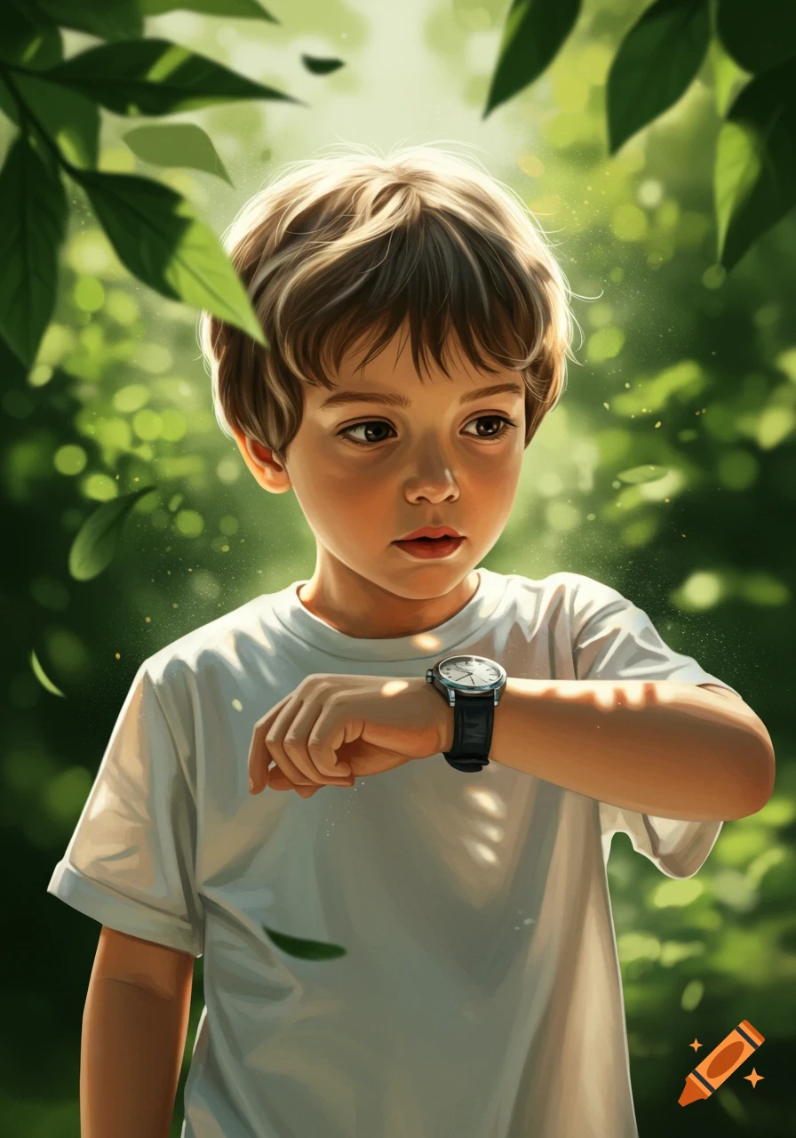 A young boy with brown hair, wearing a white t-shirt and a wristwatch, looks intently at his watch in a sunny, green forest.