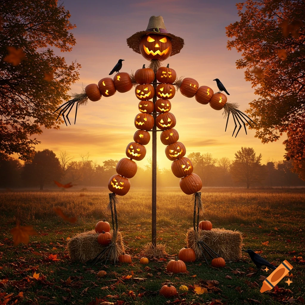 A large scarecrow made of stacked glowing pumpkins stands in an autumn field at sunset, with crows perched on its arms and on the ground.