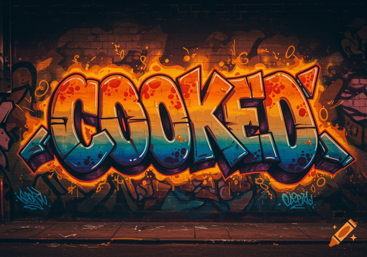 Colorful graffiti art spelling 'COOKED' on a brick wall.
