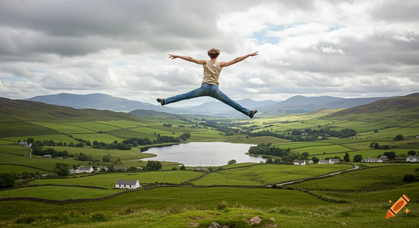 A person leaps high above a vast green countryside with rolling hills, a lake, distant mountains, and an overcast sky.