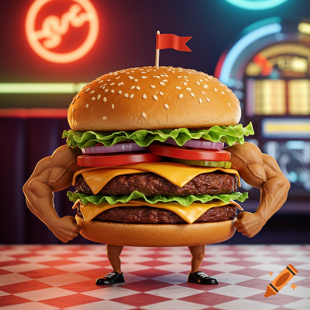 A muscular, anthropomorphic hamburger with arms and legs stands in a retro diner on a checkered floor.