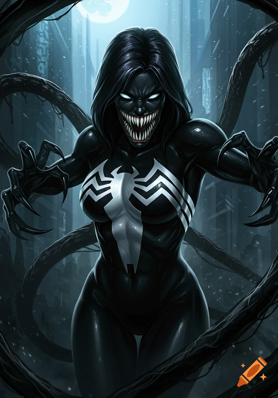 She-Venom, a dark symbiotic figure with glowing eyes and sharp teeth, stands with tendrils in a city under a full moon, comic art style.