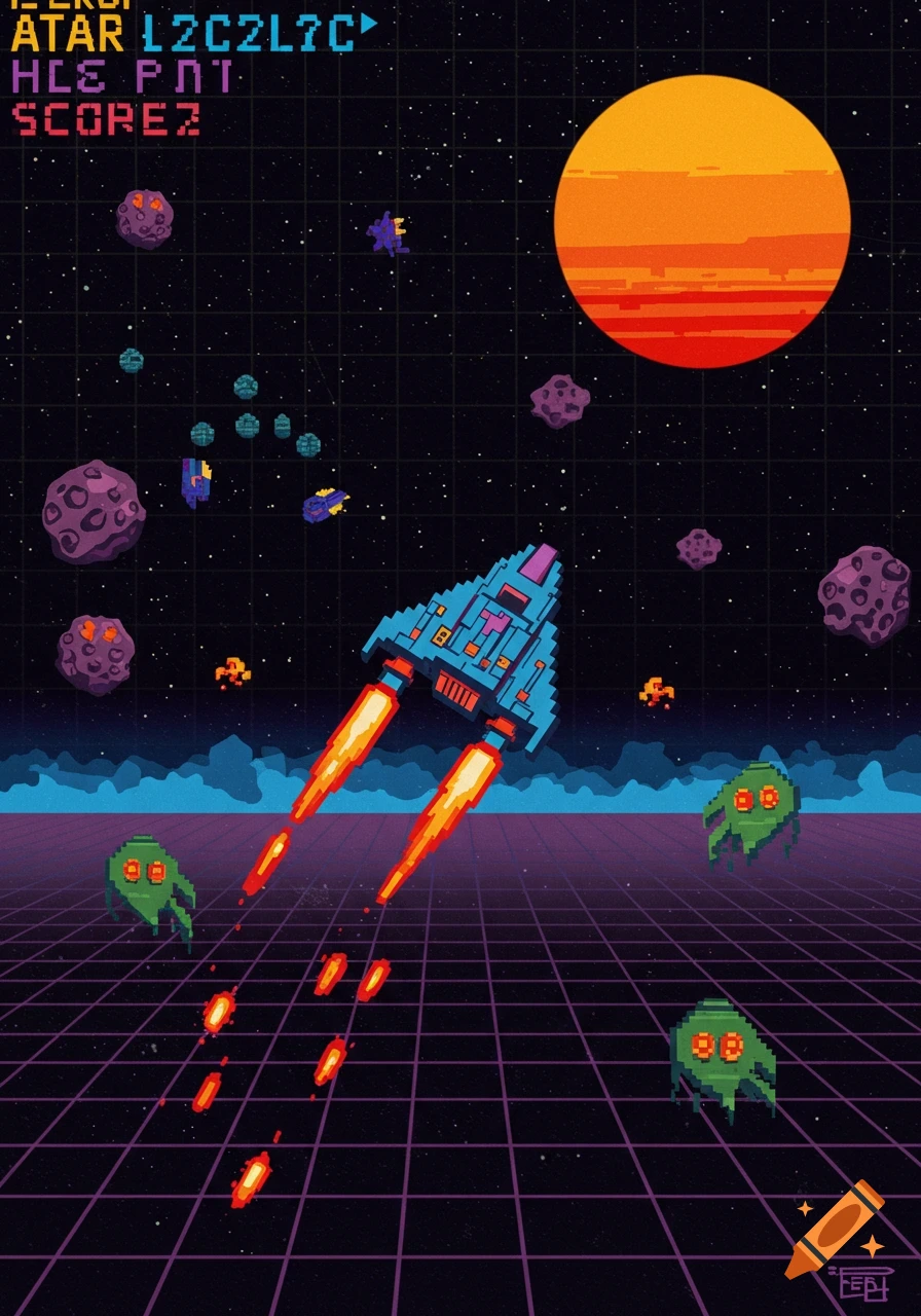 Pixel art retro space shooter game with a spaceship firing at alien enemies and asteroids, against a black grid background and an orange planet.