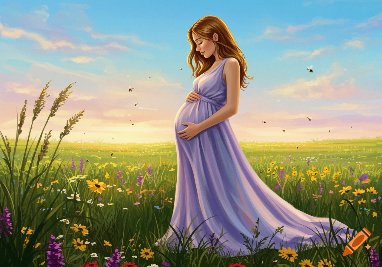 Illustrated pregnant woman in a purple dress standing in a sunny field of wildflowers with bees flying around.