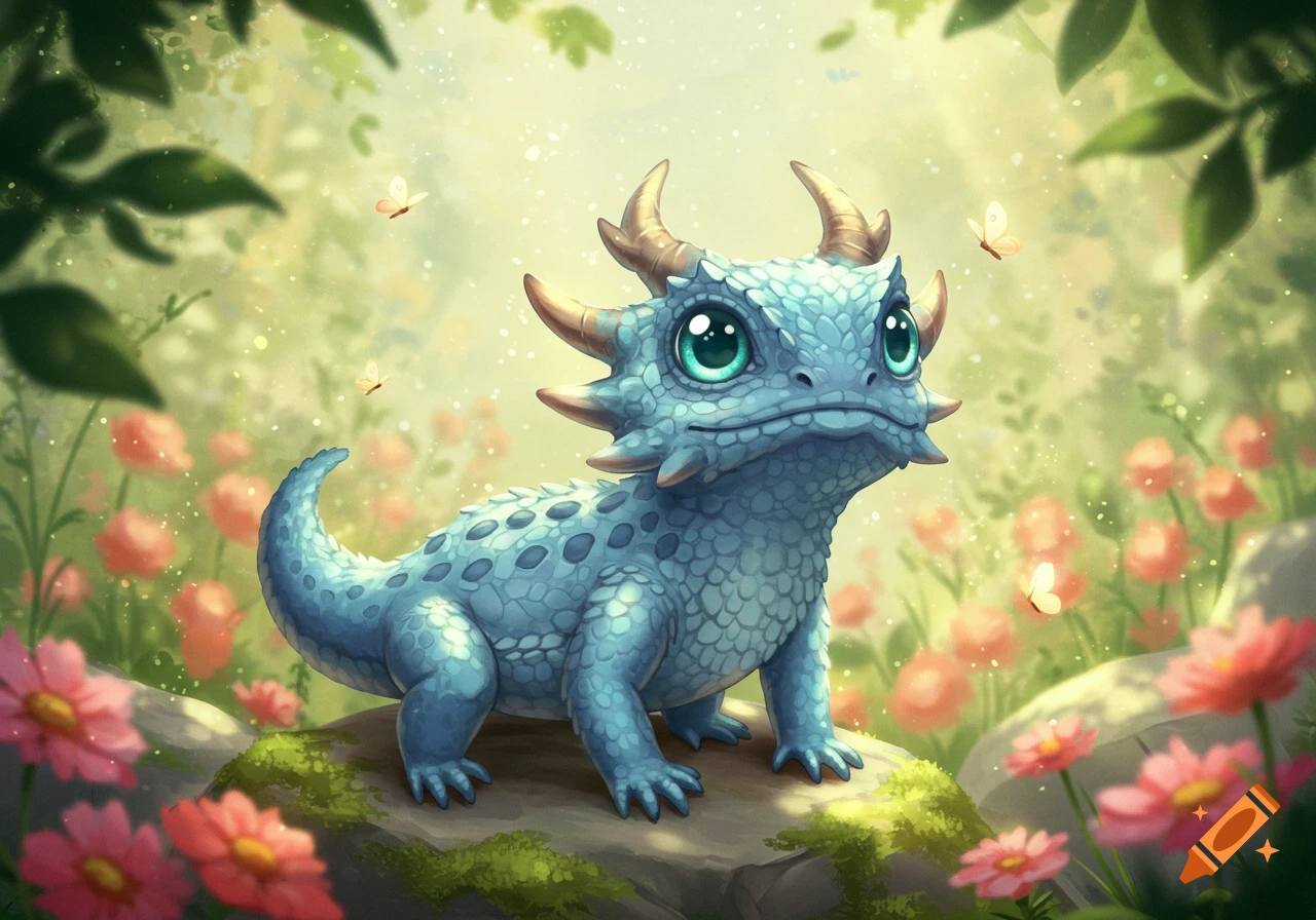 Cute blue anime-style horned lizard with large eyes on a mossy rock, surrounded by pink flowers and butterflies in a magical forest.