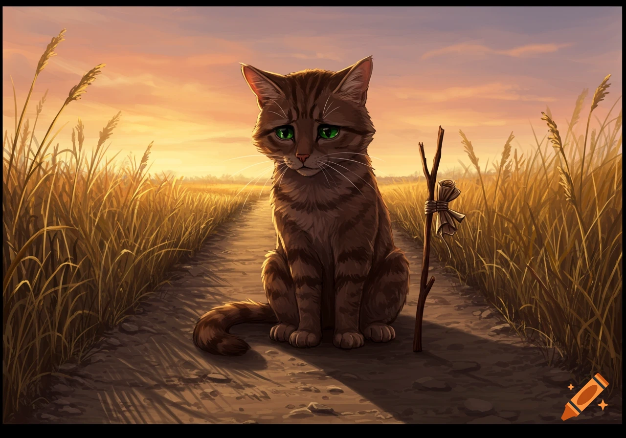 A sad brown tabby cat with green eyes sits on a dirt path in a golden field at sunset, with a stick and bundle beside it. Digital painting.