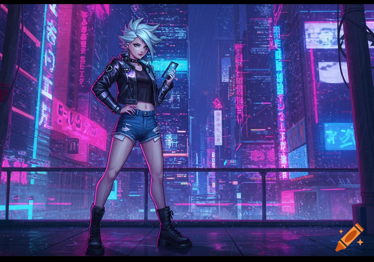 A silver-haired anime girl in a black leather jacket and denim shorts stands in a neon-lit cyberpunk city at night.