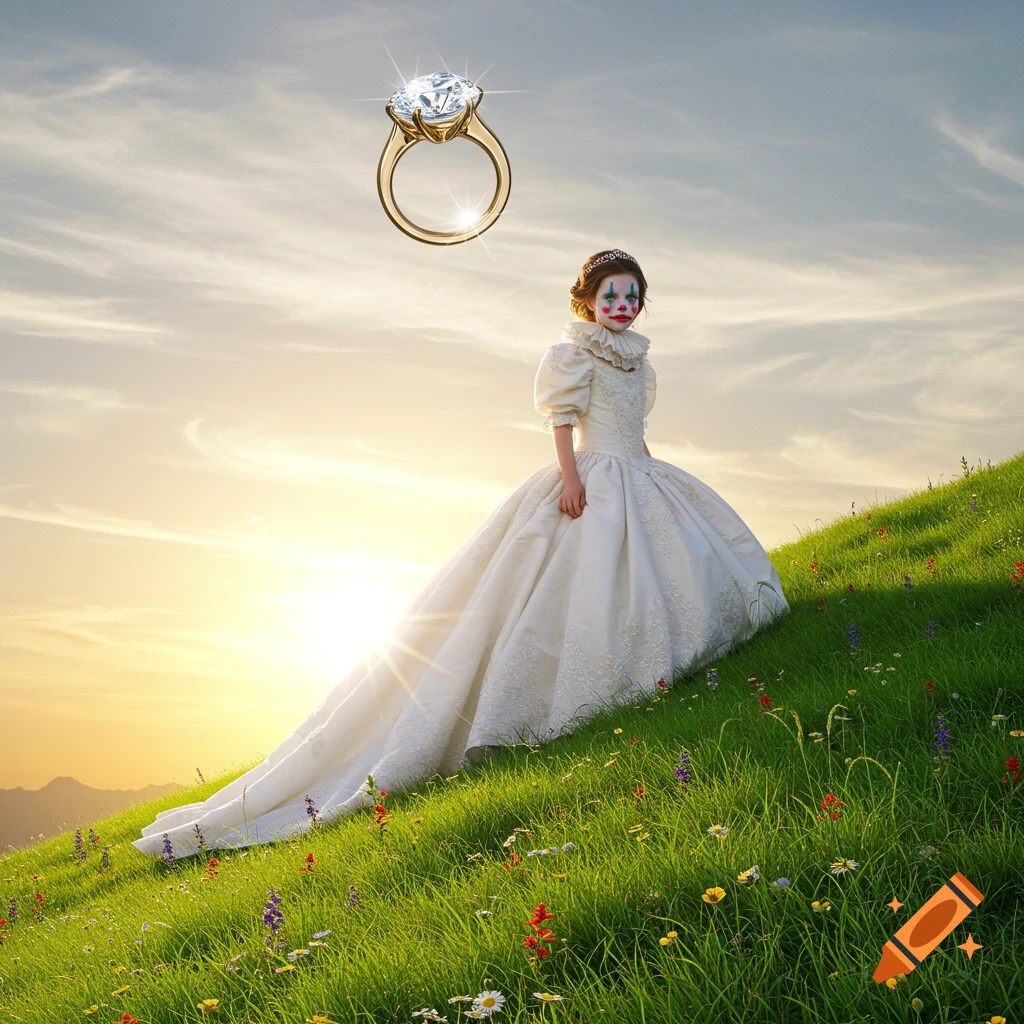 A girl in a white wedding dress and clown makeup stands on a grassy hill under a bright sky, with a large diamond ring floating above her.
